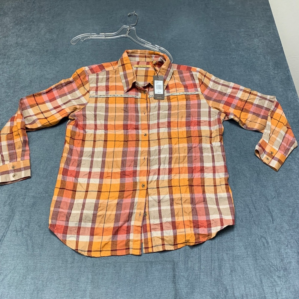 Shyanne Western Flannel Shirt Womens Large Multicolor Plaid Button Up Round Hem